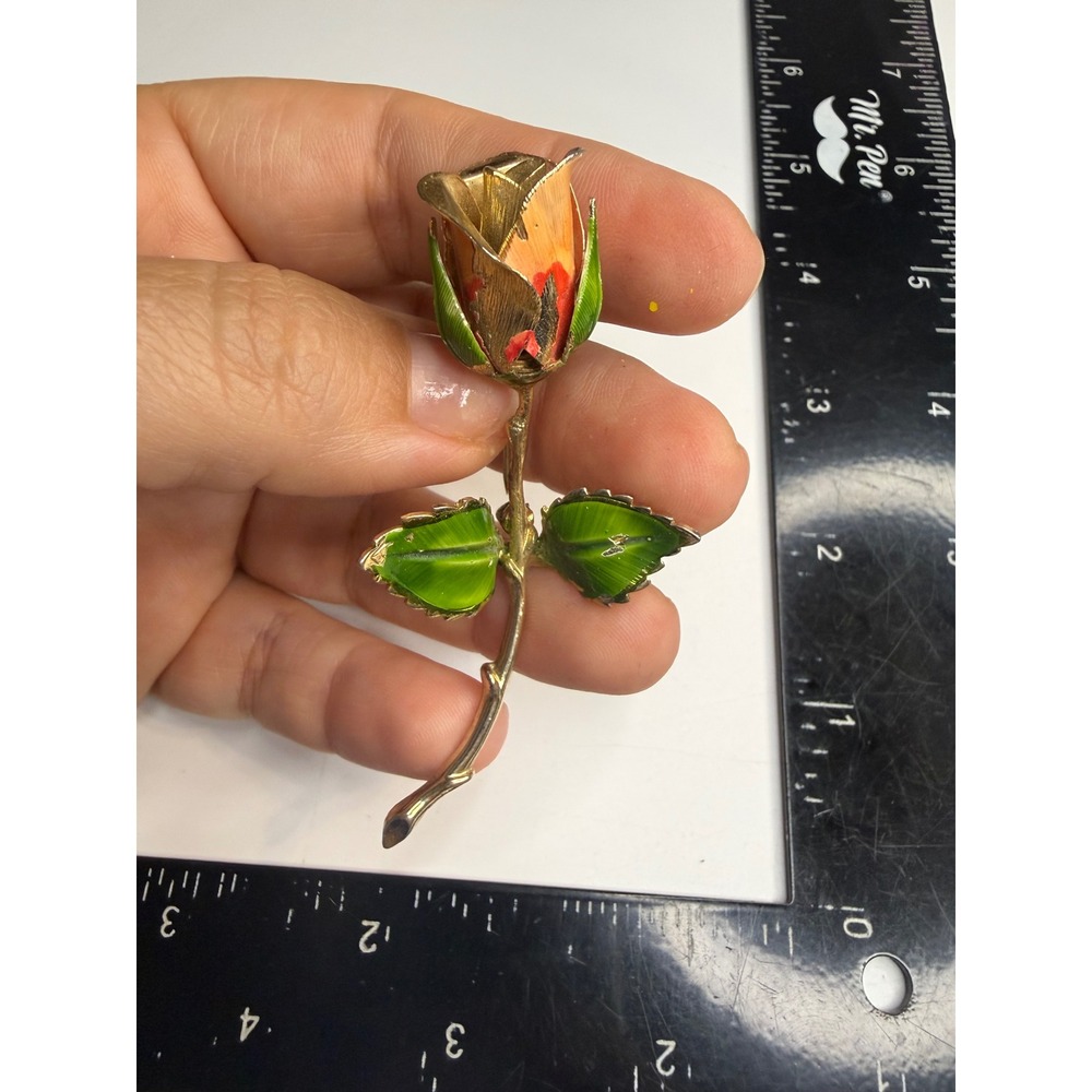 Giovanni Gold Tone Enamel Orange Rose Flower Long Stem Brooch Pin